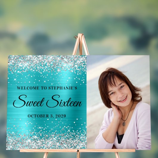 シルバーグリッターターコイズブルーフォイルSweet sixteen アクリルサイン (ニュートラル)