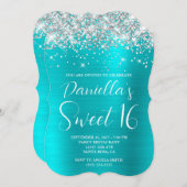シルバーグリッターターコイズブルー豪華スイート16 招待状 (正面/裏面)