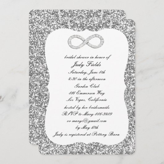 シルバーグリッターダイヤモンドインフィニティブライダルシャワー 招待状 (正面/裏面)