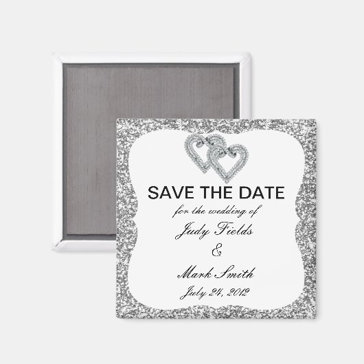 シルバーグリッターダイヤモンドハートは日付磁石を保存 マグネット (正面/裏面)