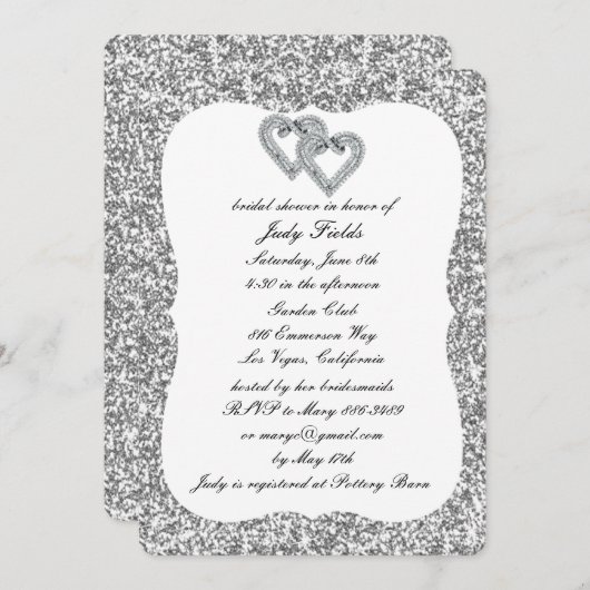 シルバーグリッターダイヤモンドハートブライダルシャワー招待状 招待状 (正面/裏面)