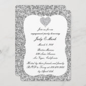 シルバーグリッターダイヤモンドハート婚約パーティ 招待状 (正面/裏面)