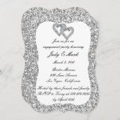 シルバーグリッターダイヤモンドハート婚約パーティ 招待状 (正面/裏面)