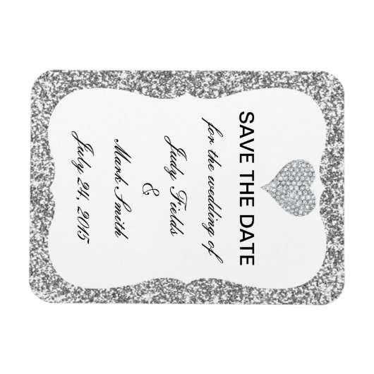 シルバーグリッターダイヤモンドハート日付磁石を保存 マグネット (横)