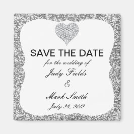 シルバーグリッターダイヤモンドハート日付磁石を保存 マグネット