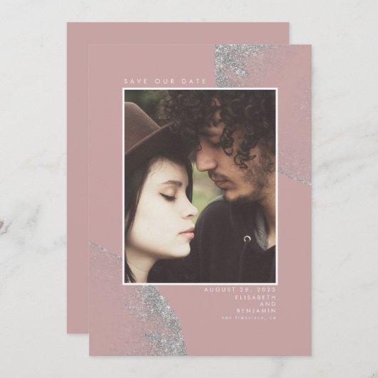 シルバーグリッターダスティピンクが日付の写真を救う セーブザデート (正面/裏面)