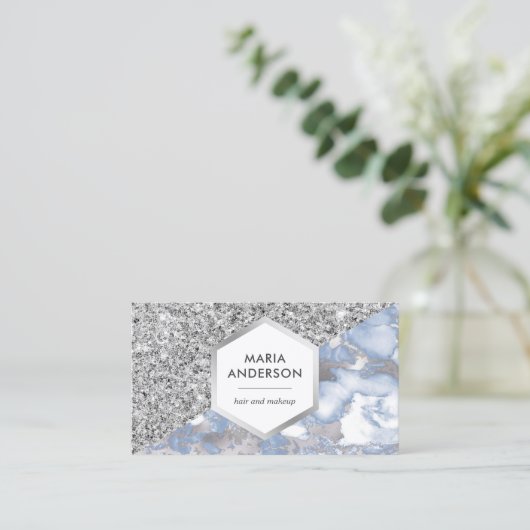 シルバーグリッターダスティブルーマーブルメイクアップアーティスト 名刺 (スタンド正面)