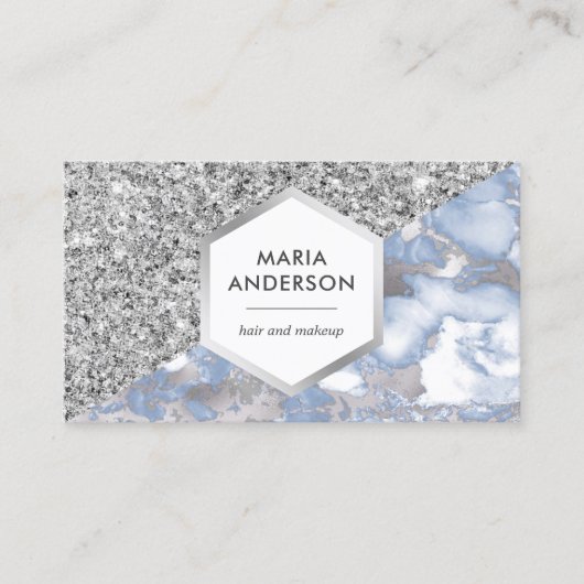 シルバーグリッターダスティブルーマーブルメイクアップアーティスト 名刺 (正面)