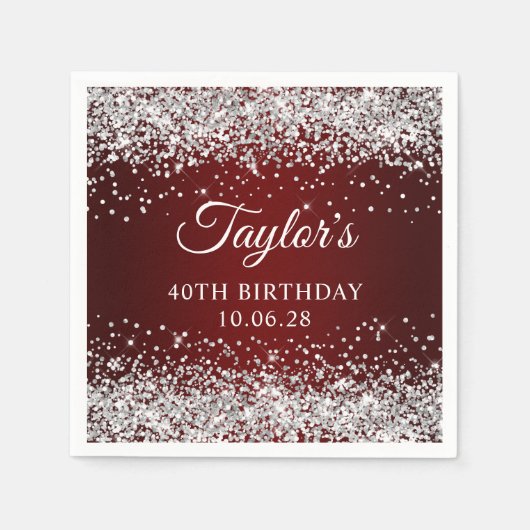 シルバーグリッターダークグラデーションレッド40歳の誕生日 スタンダードカクテルナプキン (正面)