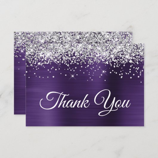 シルバーグリッターダークバイオレットパープル40th誕生日 サンキューカード (正面/裏面)