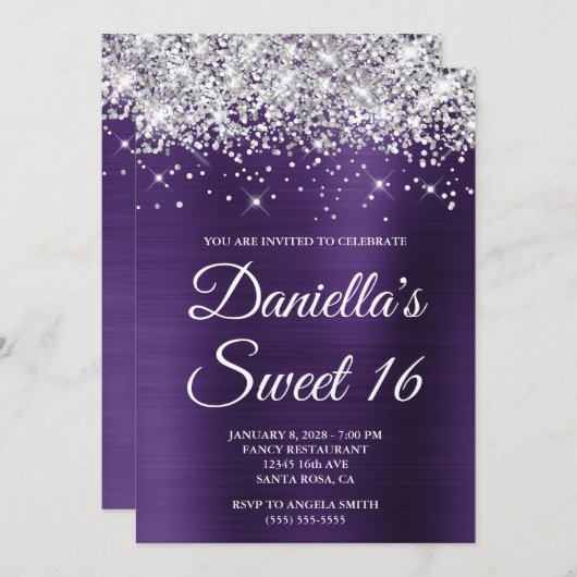 シルバーグリッターダークバイオレットフォイルスウィート16 招待状 (正面/裏面)