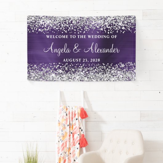 シルバーグリッターダークバイオレットフォイル結婚ズ・ウェルカム 横断幕 (インサイチュ)