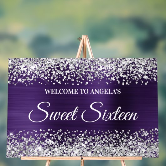 シルバーグリッターダークバイオレットフォイルSweet sixteen アクリルサイン (ニュートラル)