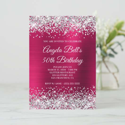 シルバーグリッターダークピンクフォイル50誕生日 招待状 (スタンド正面)