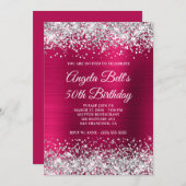 シルバーグリッターダークピンクフォイル50誕生日 招待状 (正面/裏面)