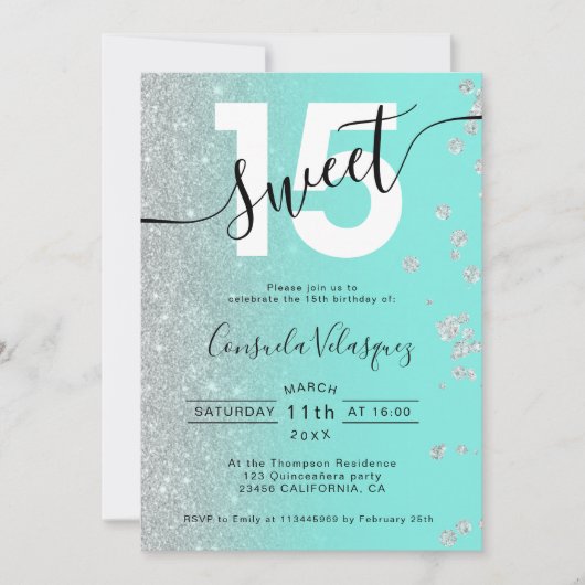 シルバーグリッターティール(緑がかった色)キンセアニェラ写真ミンス 招待状 (正面)