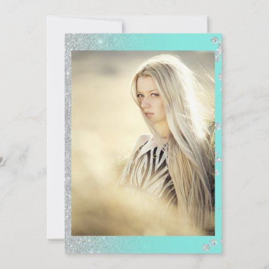 シルバーグリッターティール（緑がかった色）キンセアニェラ写真ミンス 招待状 (裏面)