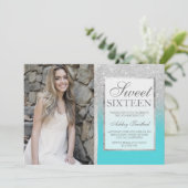 シルバーグリッターティール(緑がかった色)グラデーションフォトスウィート16 招待状 (スタンド正面)