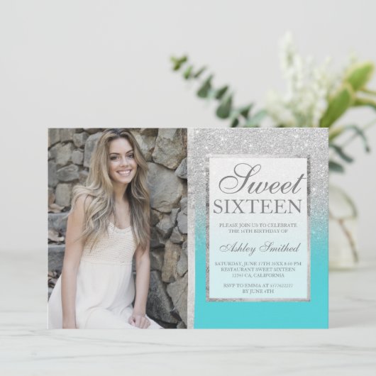 シルバーグリッターティール（緑がかった色）グラデーションフォトスウィート16 招待状 (スタンド正面)