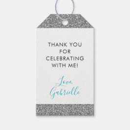 シルバーグリッターティール（緑がかった色）ブルーサンキューユーメッセージカード ギフトタグ