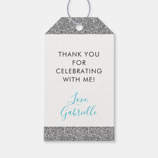 シルバーグリッターティール（緑がかった色）ブルーサンキューユーメッセージカード ギフトタグ (正面)