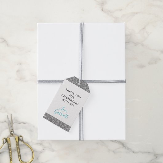 シルバーグリッターティール（緑がかった色）ブルーサンキューユーメッセージカード ギフトタグ (より糸付き)