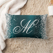 シルバーグリッターティール(緑がかった色)ブルーフォイルファンシーモノグラムの ランバークッション (ブランケット)
