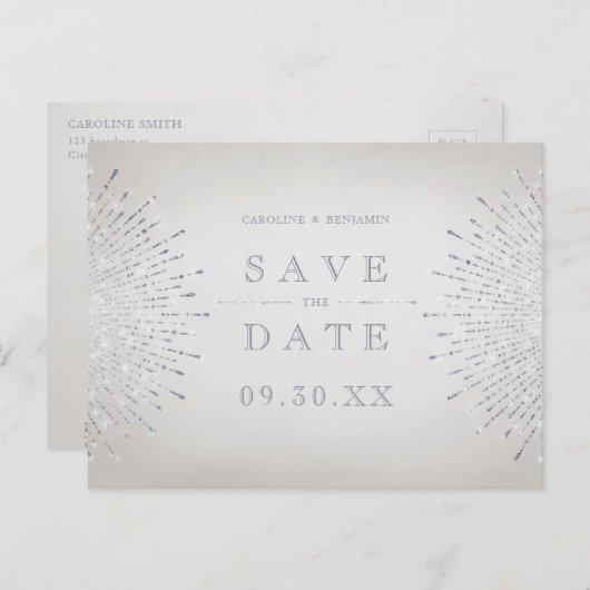 シルバーグリッターデコヴィンテージ結婚式の日付を保存 案内ポストカード (正面/裏面)