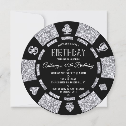 シルバーグリッタートランプのポーカーチップカジノバースデーパーティー 招待状 (正面)