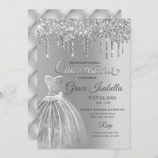 シルバーグリッタードリップキンセアニェラ誕生日 招待状 (正面/裏面)