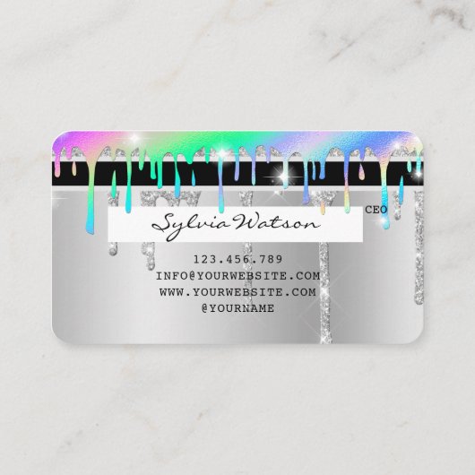 シルバーグリッタードリップクレジットカードのホログラムの名前 名刺 (裏面)
