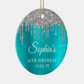 シルバーグリッタードリップスアクアブルー18誕生日写真 セラミックオーナメント (右)