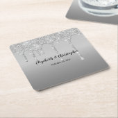 シルバーグリッタードリップスグラムエレガントな結婚式 スクエアペーパーコースター (アングル)