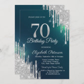 シルバーグリッタードリップスグリーン70誕生日 招待状 (正面/裏面)