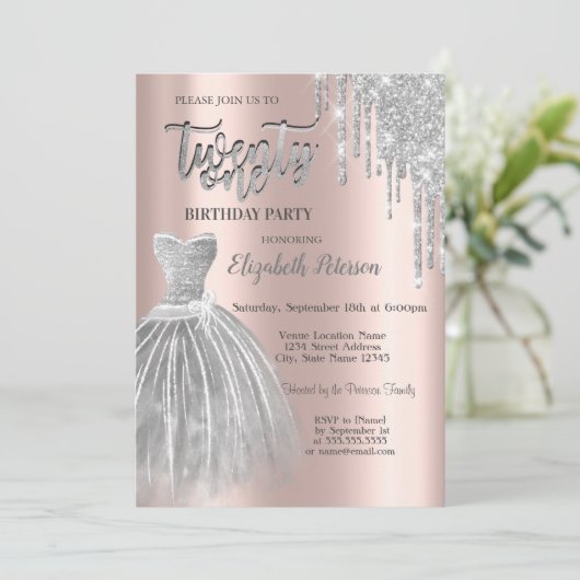 シルバーグリッタードリップスシルバードレス21歳の誕生日 招待状 (スタンド正面)