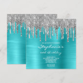 シルバーグリッタードリップスターコイズブルー60誕生日 招待状 (正面/裏面)