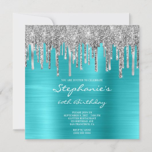 シルバーグリッタードリップスターコイズブルー60誕生日 招待状 (正面)