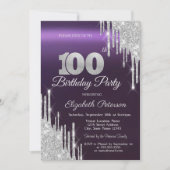 シルバーグリッタードリップスダークパープル100誕生日 招待状 (正面)