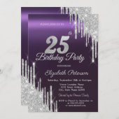 シルバーグリッタードリップスダークパープル25誕生日 招待状 (正面/裏面)