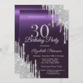 シルバーグリッタードリップスダークパープル30歳の誕生日 招待状 (正面/裏面)