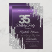 シルバーグリッタードリップスダークパープル35誕生日 招待状 (正面/裏面)