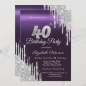 シルバーグリッタードリップスダークパープル40歳の誕生日 招待状 (正面/裏面)