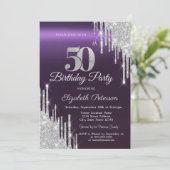 シルバーグリッタードリップスダークパープル50誕生日 招待状 (スタンド正面)