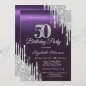 シルバーグリッタードリップスダークパープル50誕生日 招待状 (正面/裏面)