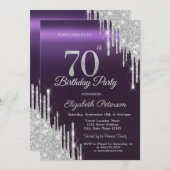 シルバーグリッタードリップスダークパープル70誕生日 招待状 (正面/裏面)