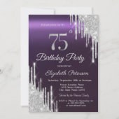 シルバーグリッタードリップスダークパープル75誕生日 招待状 (正面)