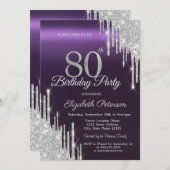 シルバーグリッタードリップスダークパープル80誕生日 招待状 (正面/裏面)
