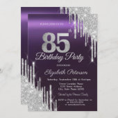 シルバーグリッタードリップスダークパープル85誕生日 招待状 (正面/裏面)