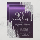 シルバーグリッタードリップスダークパープル90誕生日 招待状 (正面/裏面)