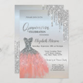 シルバーグリッタードリップスドレスシルバー15th誕生日 招待状 (正面/裏面)